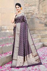 Chocolate Brown Pure Katan Silk Banarasi Handloom Saree With Blouse